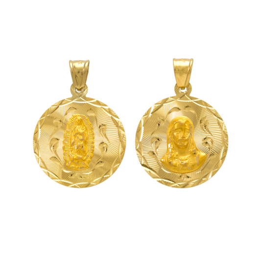 14K Gold Double Sided Jesus & Virgencita Round Pendant