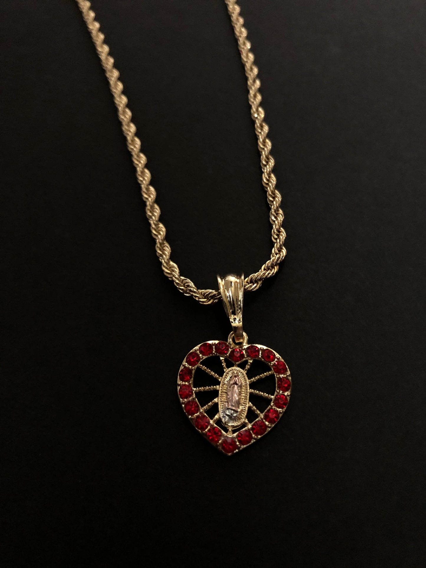 Virgen De Guadalupe Heart Shape Necklace (Red Stones)