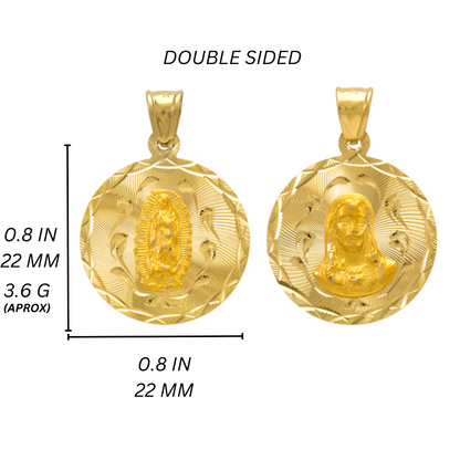 14K Gold Double Sided Jesus & Virgencita Round Pendant