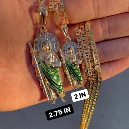 San Judas Tadeo With Green Robe Chain (White Stones)