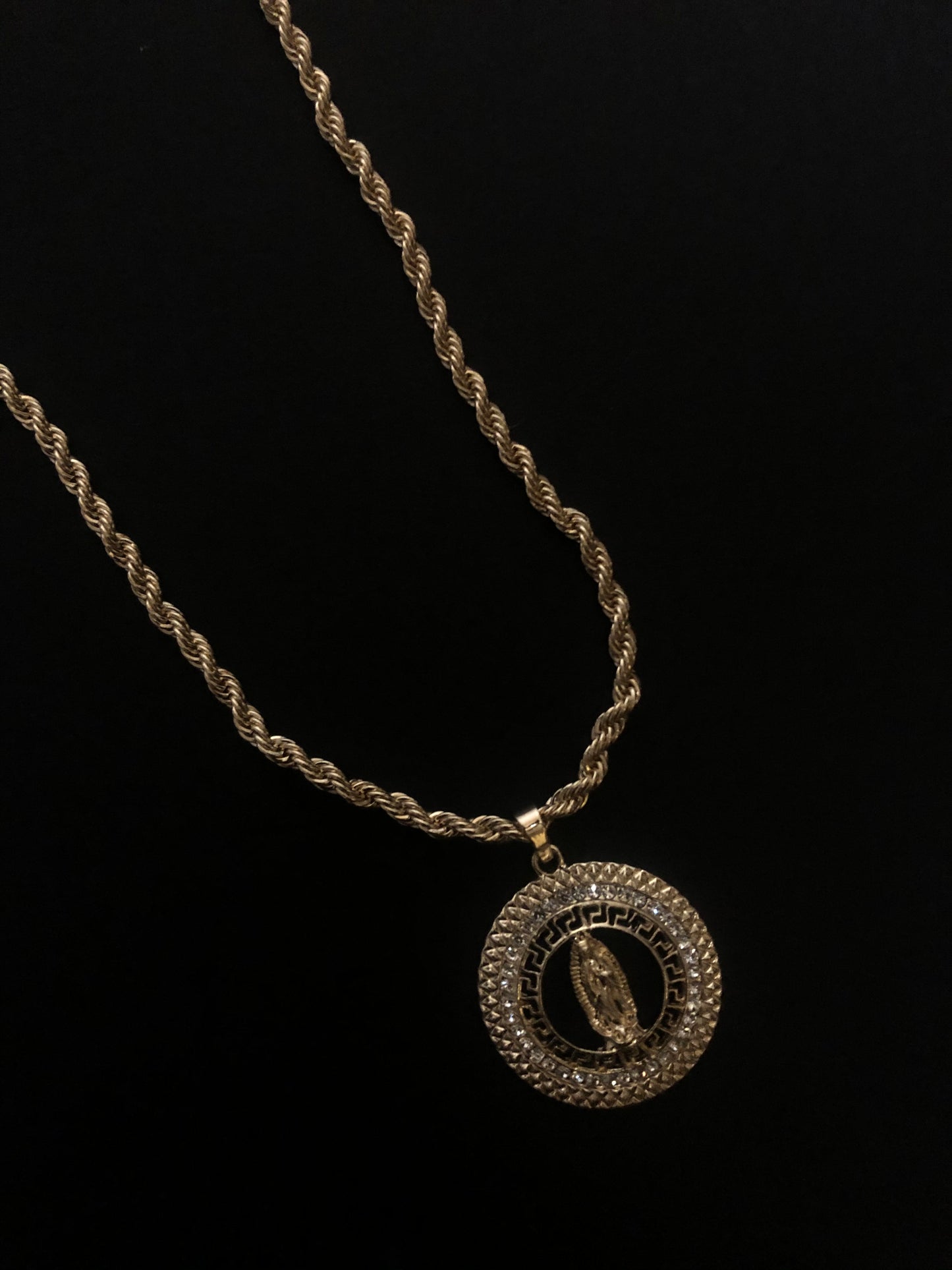 Virgen De Guadalupe Greek Pattern Chain (White Stones)