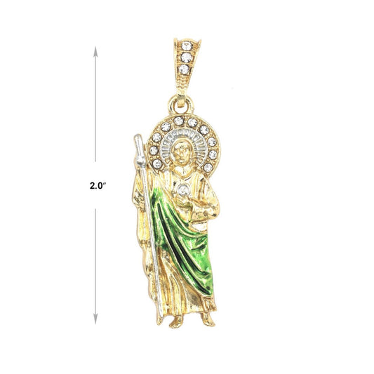 Small San Judas Tadeo With Green Robe Chain (White Stones)