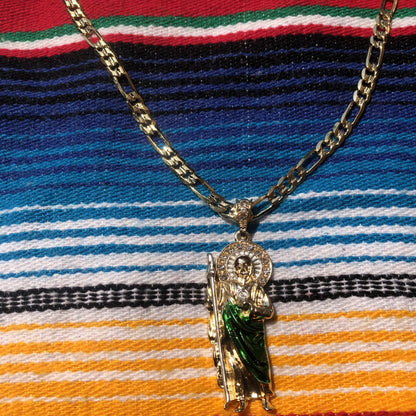 San Judas Tadeo With Green Robe Chain (White Stones)
