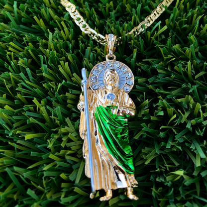 San Judas Tadeo With Green Robe Chain (White Stones)