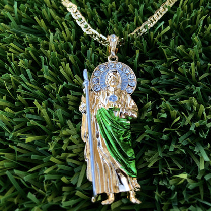 Small San Judas Tadeo With Green Robe Chain (White Stones)